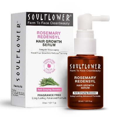 Picture of Soulflower Rosemary Redensyl Hair Growth Serum & Anti Greying Booster Concentrate| 3% Redensyl, 4% Anagain, Melanogray, Caffeine, Biotin, Keratin, Tea Tree, Chia Seeds & Rice Water|Men & Women| 30 ml