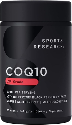 Picture of Sports Research CoQ10 (100mg) Enhanced w/Coconut Oil & Bioperine (Black Pepper) for Better Absorption | Vegan Certified, Non-GMO Verified (30 Veggie Softgels)