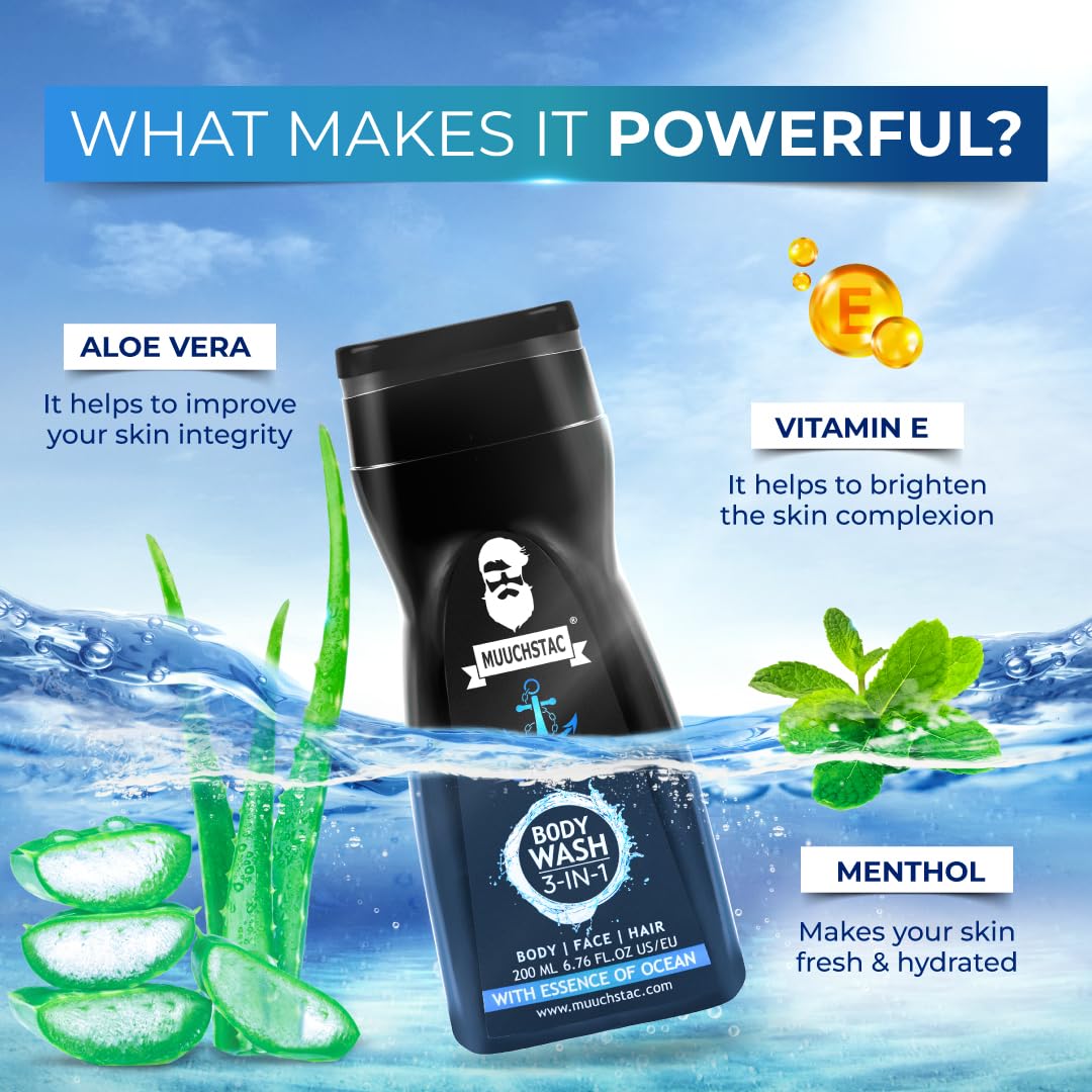 Picture of Muuchstac Ocean 3-in-1 Body Wash for Men | Clear Skin, Controls Sweat, Fights Body Acne & Bad Odour, Shower Gel for Long-Lasting Fresh | 200 ml