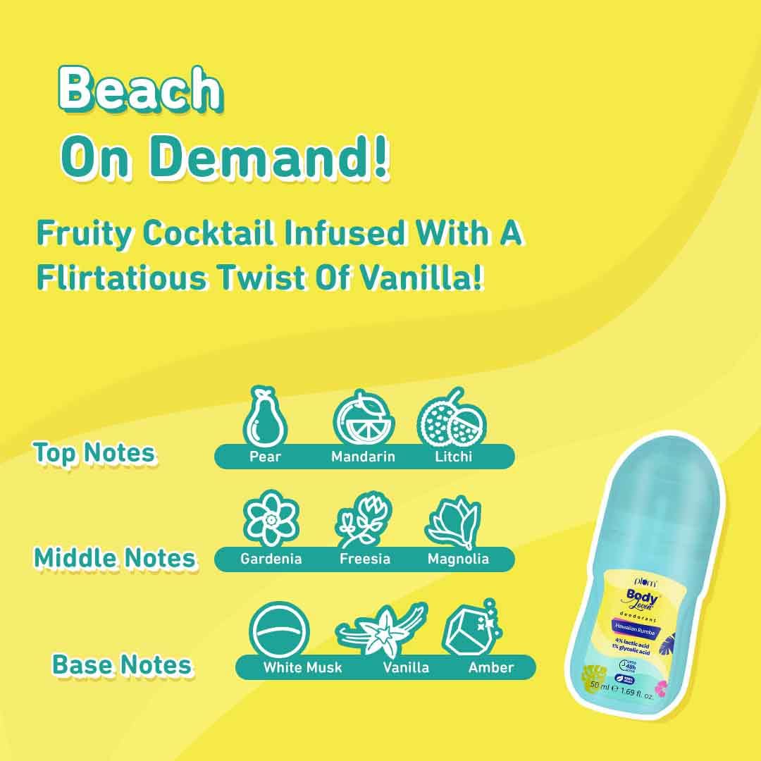 Picture of Plum BodyLovin' Hawaiian Rumba Deodorant Roll On | 4% Lactic Acid & 1% Glycolic Acid | Controls Odor & Fades Underarm Darkness | 48 Hr Freshness | Fresh Beachy Fragrance | Aluminium-Free (50 ml)