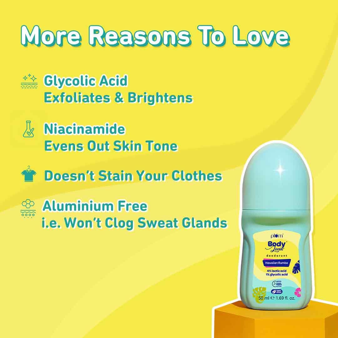 Picture of Plum BodyLovin' Hawaiian Rumba Deodorant Roll On | 4% Lactic Acid & 1% Glycolic Acid | Controls Odor & Fades Underarm Darkness | 48 Hr Freshness | Fresh Beachy Fragrance | Aluminium-Free (50 ml)