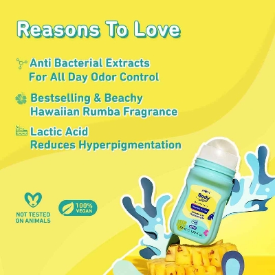 Picture of Plum BodyLovin' Hawaiian Rumba Deodorant Roll On | 4% Lactic Acid & 1% Glycolic Acid | Controls Odor & Fades Underarm Darkness | 48 Hr Freshness | Fresh Beachy Fragrance | Aluminium-Free (50 ml)