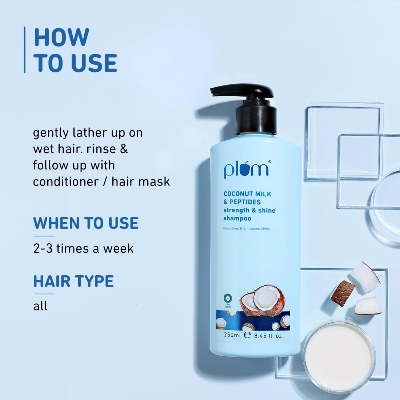 Picture of Plum Coconut Shampoo for Dull Hair with Coconut Milk and Peptides for Strong & Shiny Hair I 22x shine I Soft, silky hair I Shampoo for Women and Men | 250ml