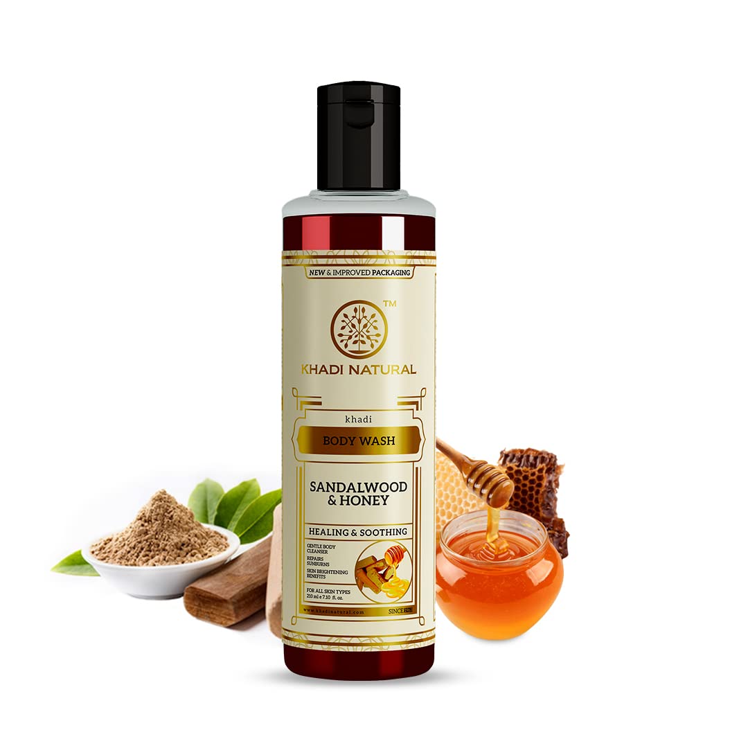 Picture of Khadi Natural Sandalwood & Honey Body Wash | Gentle Body Cleanser for Healthy Skin | Body Wash for Calming Sunburns | Body Wash for Soft Skin | Suitable for All Skin Types | 210ml