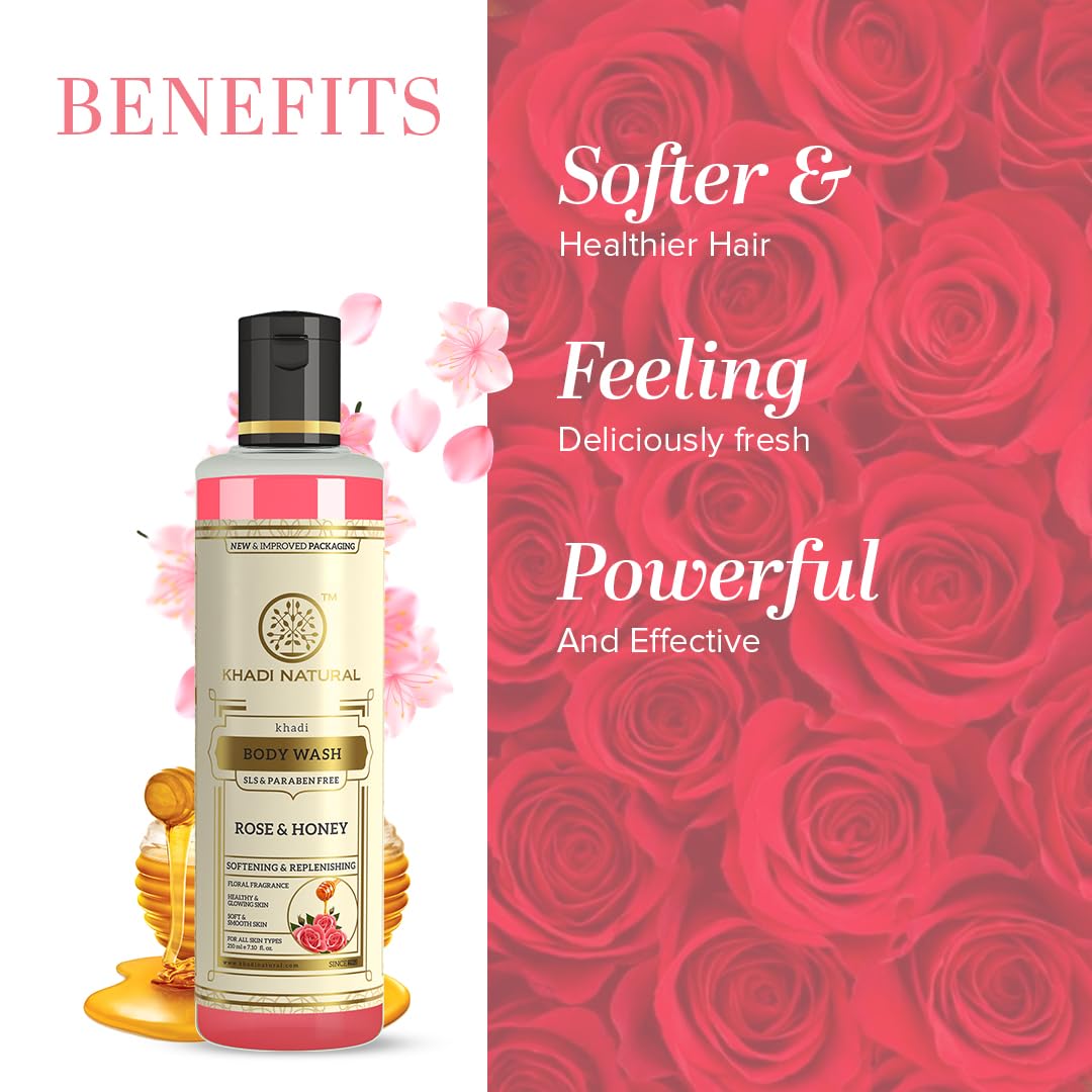 Picture of Khadi Natural Rose & Honey Body Wash| Cleaner and glowing skin| Fragrance of rose and honey|SLS & Paraben Free| Suitable for all skin types| 210ml