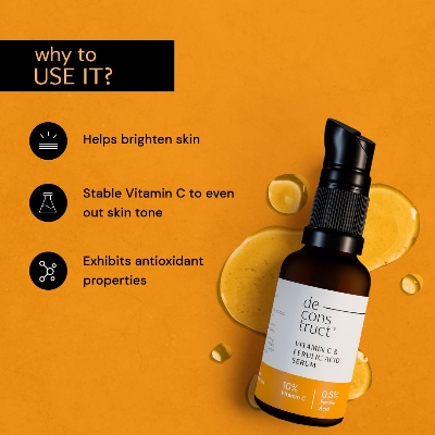 Picture of Deconstruct 10% Non-Irritating Vitamin C Face Serum For Glowing Skin|10% Vitamin C + 0.5% Ferulic Acid|Water Based Serum|Highly Stable Vitamin C Face Serum For Women And Men|Beginner Friendly|30 Ml