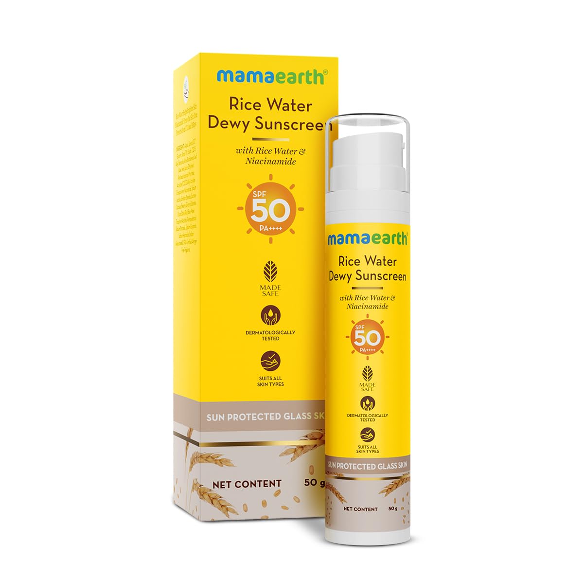 Picture of Mamaearth Rice Water Dewy Sunscreen with Rice Water & Niacinamide 50 g | Gives SPF50 & PA++++ Protection | For Glass Skin Glow | Evens Skin Tone | UVA & UVB Protection | No White Cast | All Skin Types