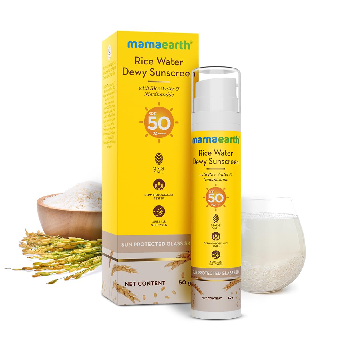 Picture of Mamaearth Rice Water Dewy Sunscreen with Rice Water & Niacinamide 50 g | Gives SPF50 & PA++++ Protection | For Glass Skin Glow | Evens Skin Tone | UVA & UVB Protection | No White Cast | All Skin Types