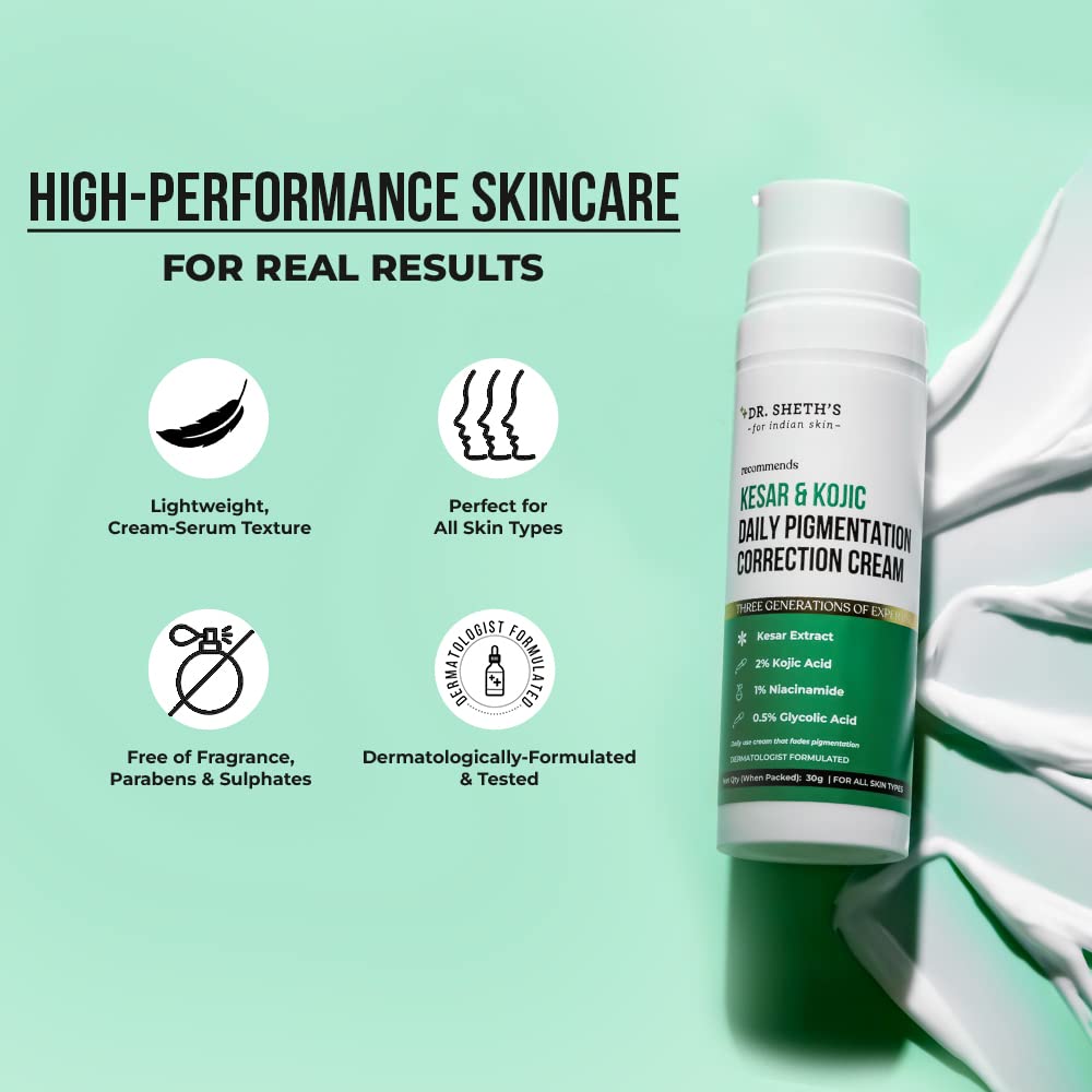 Picture of Dr. Sheth's Kesar&2% Kojic Acid Daily Pigmentation Correction Face Cream|Lightweight&Non-Greasy|With 1% Niacinamide&0.5% Glycolic Acid|Removes Tan&Depigments Skin|Suits All Skin Types|Men&Women|30G