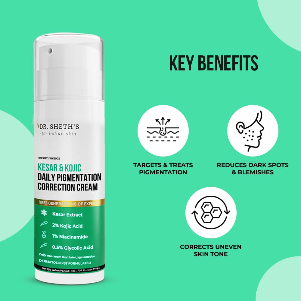 Picture of Dr. Sheth's Kesar&2% Kojic Acid Daily Pigmentation Correction Face Cream|Lightweight&Non-Greasy|With 1% Niacinamide&0.5% Glycolic Acid|Removes Tan&Depigments Skin|Suits All Skin Types|Men&Women|30G