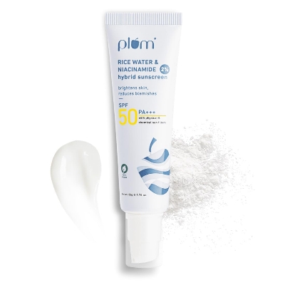 Picture of Plum 2% Niacinamide Sunscreen SPF 50 PA+++ With Rice Water | UVA/ UVB Protection | Reduces Tan, Brightens Skin | No White Cast, Lightweight, Non-Sticky | Dermatologically Tested | All Skin Types | Women & Men | 100% Vegan | 50 g