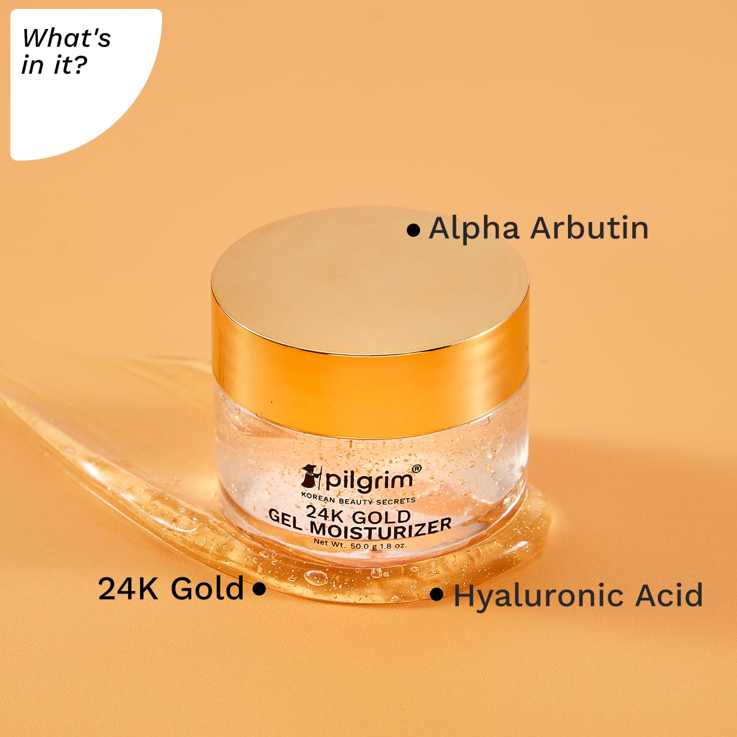 Picture of Pilgrim 24k Gold Gel Moisturizer with Hyaluronic Acid & Alpha Arbutin for men & women 50gm | Moisturizer for face | Reduces dark spots | Gives luxurious glow | Non-greasy