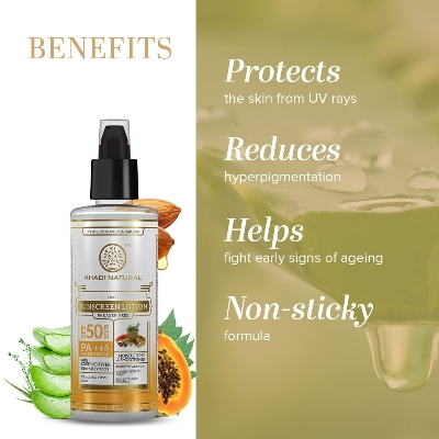 Picture of Khadi Natural Sunscreen Lotion with SPF 50 PA++ | Sunscreen for Everyday Use | Non-Sticky Sunscreen | Sunscreen without White Cast | Paraben Free | Suitable for All Skin Types | 100ml