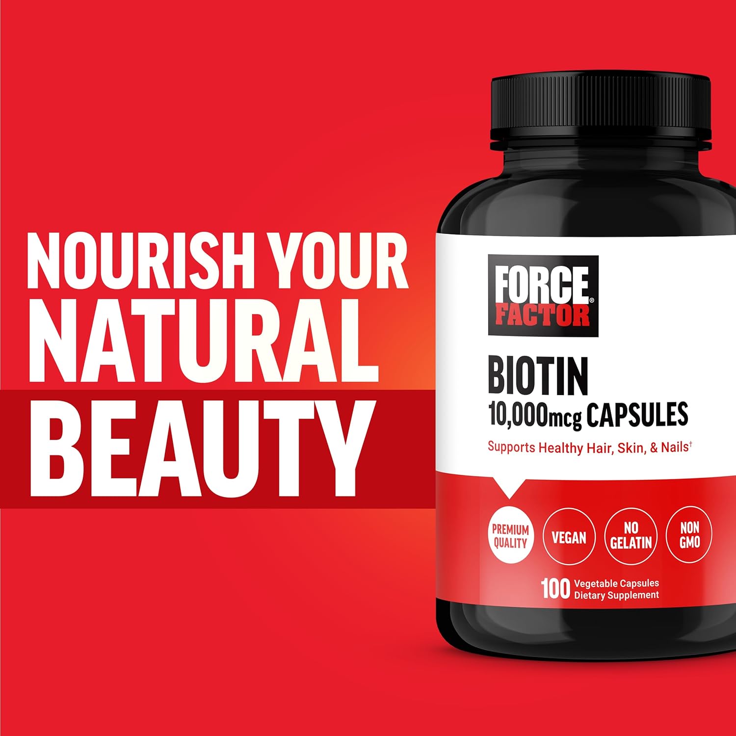 Picture of FORCE FACTOR Biotin 10000mcg, Biotin Supplement for Healthier Hair, Skin, and Nails, Hair Growth Supplement with Biotin Vitamins, Vegan Biotin, Non-GMO, 100 Vegetable Capsules (usa)