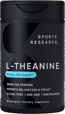 Picture of Sports Research Double Strength L-Theanine Supplement - Suntheanine Softgels for Focus, Relaxation &amp; Alertness - Non-Drowsy Support Made with Coconut Oil, Non-GMO &amp; Gluten Free - 200mg, 60 Count