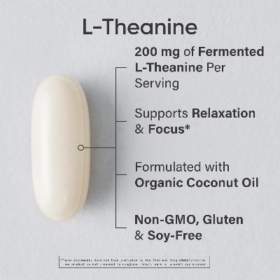 Picture of Sports Research Double Strength L-Theanine Supplement - Suntheanine Softgels for Focus, Relaxation &amp; Alertness - Non-Drowsy Support Made with Coconut Oil, Non-GMO &amp; Gluten Free - 200mg, 60 Count