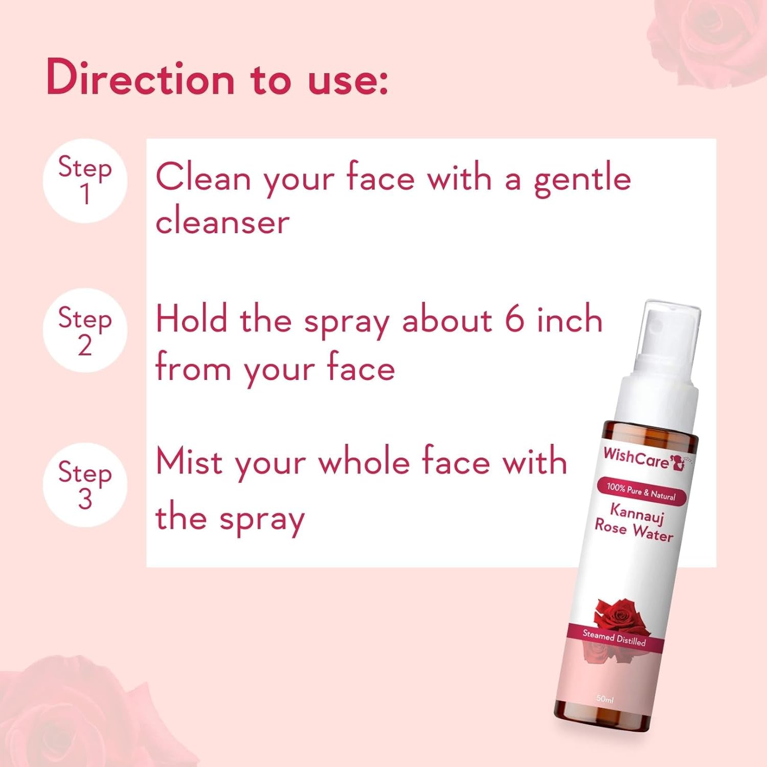 Picture of WishCare® 100% Pure & Natural Rose Water - For Skin, Face & Hair - Steam Distilled - Kannauj Gulab Jal - Spray Skin Toner - Free From Paraben, Alcohol & Chemicals - 50 ml