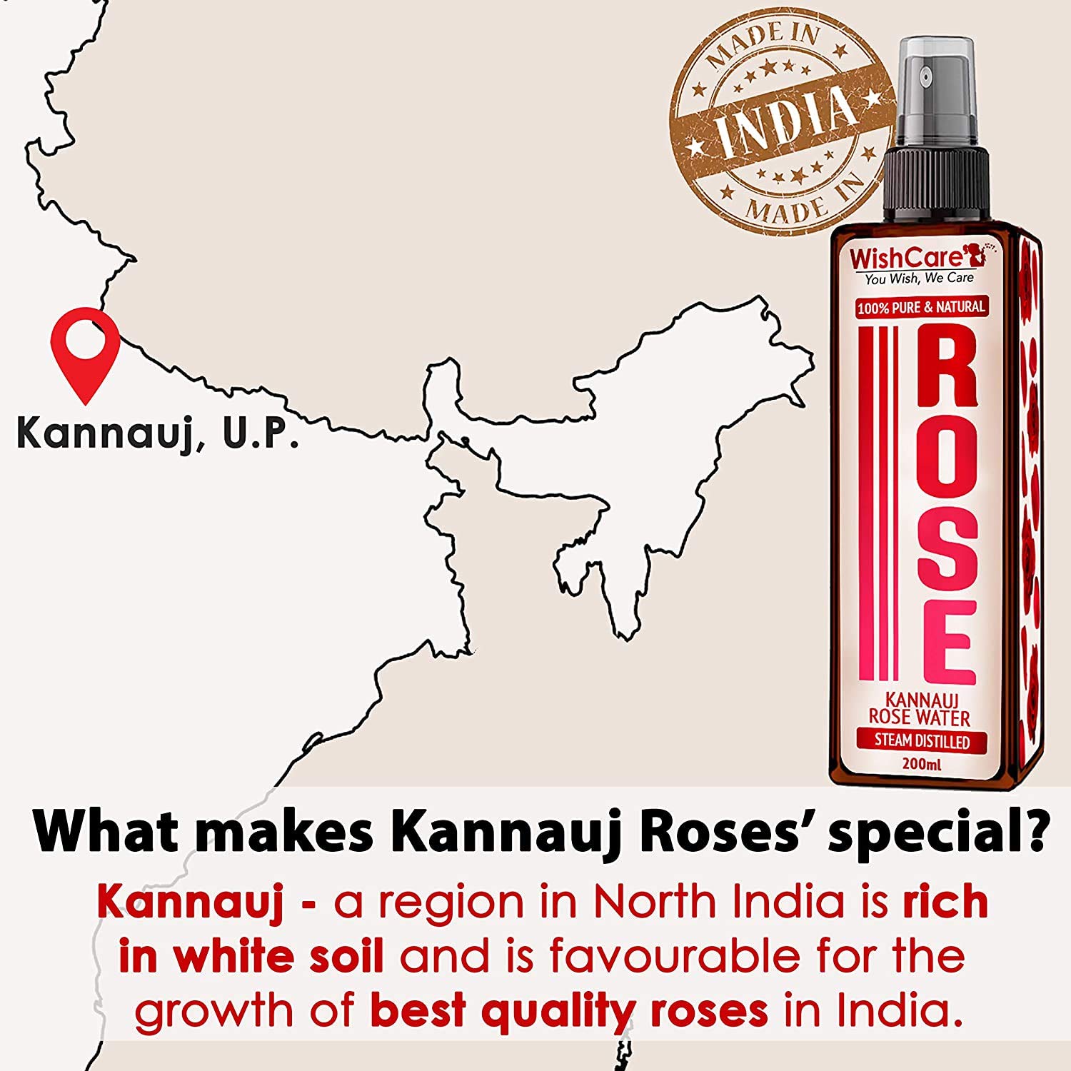 Picture of WishCare® 100% Pure & Natural Rose Water - For Skin, Face & Hair - Steam Distilled - Kannauj Gulab Jal - Spray Skin Toner - Free From Paraben, Alcohol & Chemicals - 50 ml