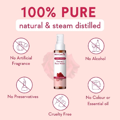 Picture of WishCare® 100% Pure & Natural Rose Water - For Skin, Face & Hair - Steam Distilled - Kannauj Gulab Jal - Spray Skin Toner - Free From Paraben, Alcohol & Chemicals - 50 ml