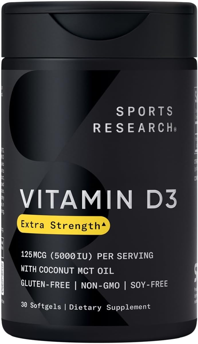 Picture of Sports Research Vitamin D3 5000 IU with Coconut MCT Oil - High Potency Vitamin D Supplement for Immune & Bone Support - Non-GMO Verified, Gluten & Soy Free – 125mcg, 30 Liquid Softgels