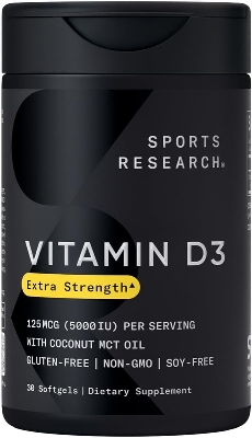 Picture of Sports Research Vitamin D3 5000 IU with Coconut MCT Oil - High Potency Vitamin D Supplement for Immune & Bone Support - Non-GMO Verified, Gluten & Soy Free – 125mcg, 30 Liquid Softgels