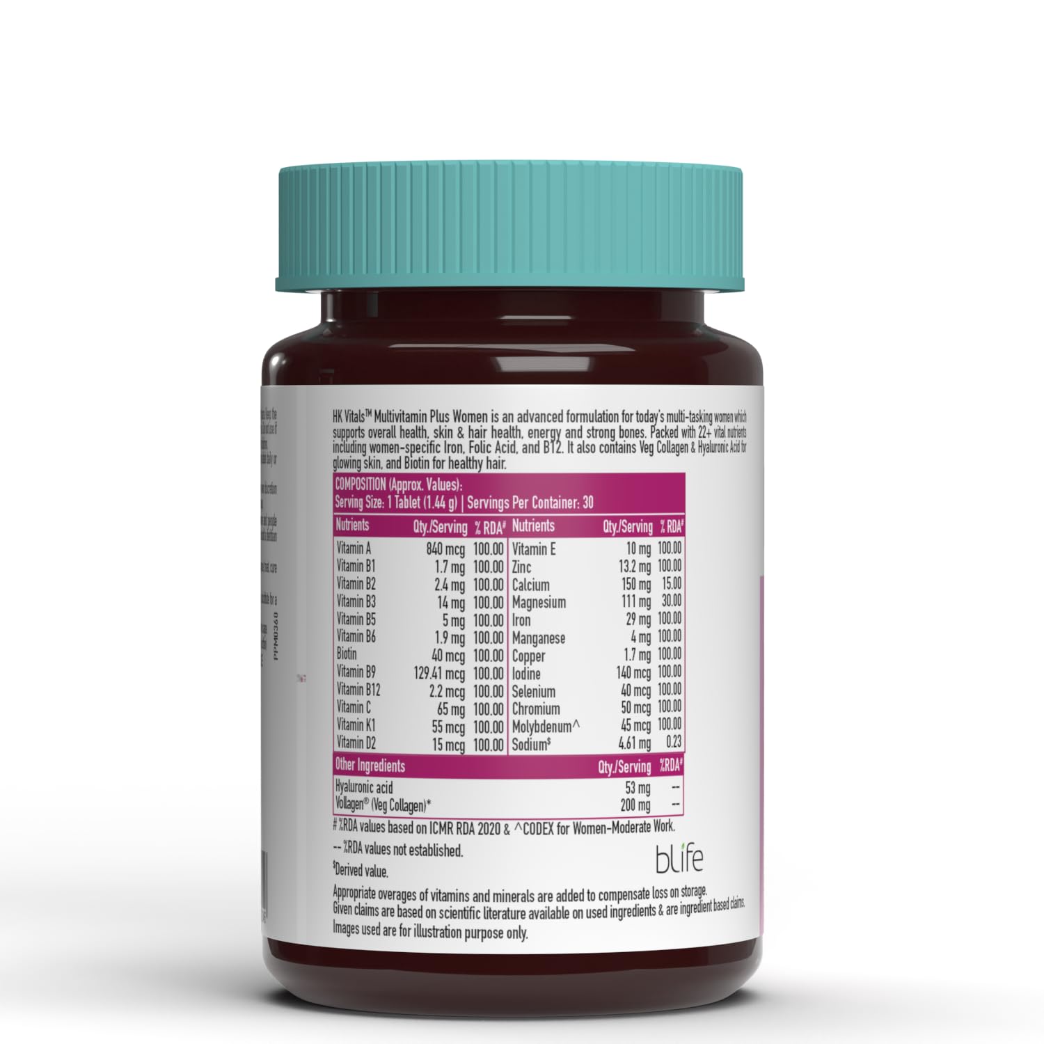 Picture of HealthKart HKVitals Multivitamin Plus Women, Advanced Daily Multivitamin for Active Women | for Energy, Joints, Skin & Hair; with Iron, Vitamin C, Veg Collagen, Hyaluronic Acid & Biotin, 30 Tablets