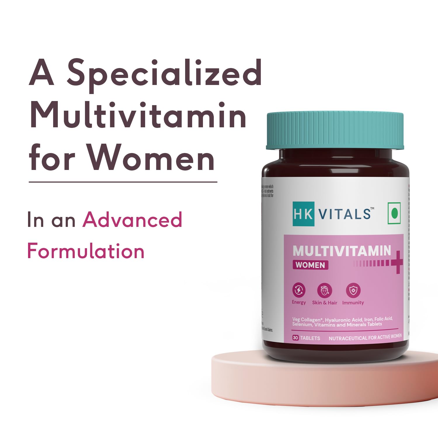 Picture of HealthKart HKVitals Multivitamin Plus Women, Advanced Daily Multivitamin for Active Women | for Energy, Joints, Skin & Hair; with Iron, Vitamin C, Veg Collagen, Hyaluronic Acid & Biotin, 30 Tablets