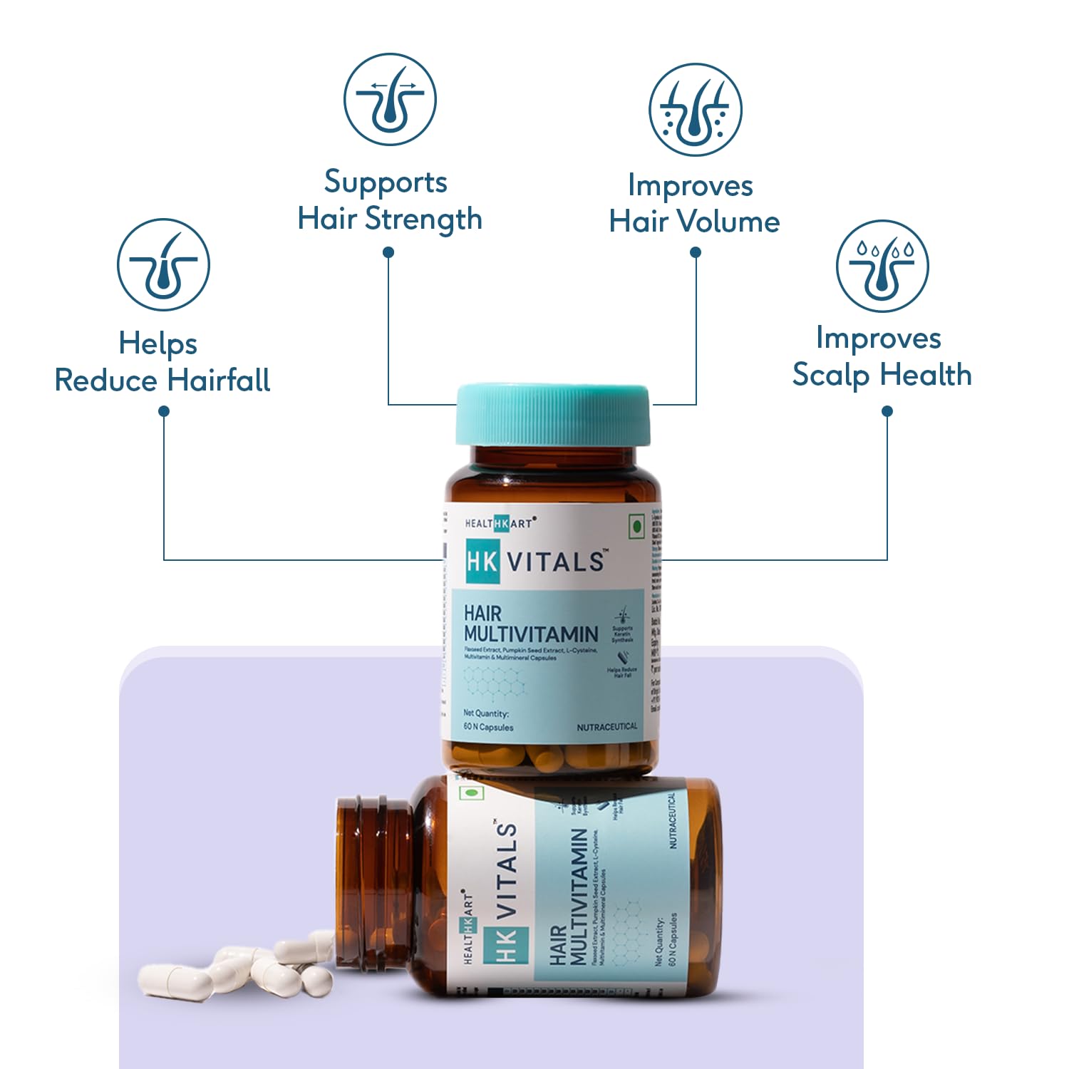 Picture of HealthKart HKVitals Hair multiVitamin with Omega & Biotin, Supports Keratin Synthesis & Helps Reduce Hair Fall, 60 Multivitamin Capsules