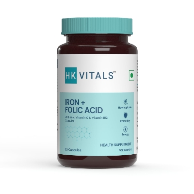 Picture of HealthKart HKVitals Iron + Folic Acid Supplement, with Zinc, Vitamin C & Vitamin B12, Supports Blood Building, Immunity and Energy, 60 Iron Folic Acid Capsules