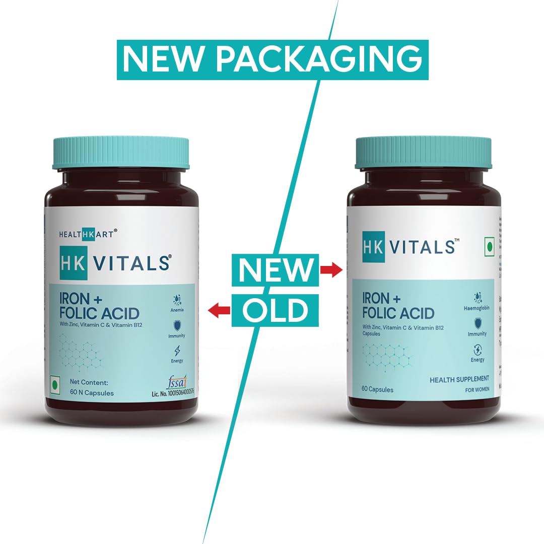 Picture of HealthKart HKVitals Iron + Folic Acid Supplement, with Zinc, Vitamin C & Vitamin B12, Supports Blood Building, Immunity and Energy, 60 Iron Folic Acid Capsules
