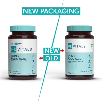 Picture of HealthKart HKVitals Iron + Folic Acid Supplement, with Zinc, Vitamin C & Vitamin B12, Supports Blood Building, Immunity and Energy, 60 Iron Folic Acid Capsules