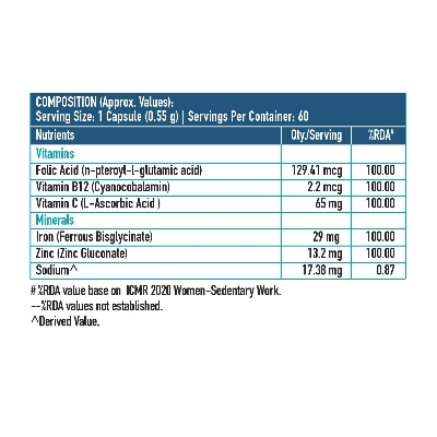 Picture of HealthKart HKVitals Iron + Folic Acid Supplement, with Zinc, Vitamin C & Vitamin B12, Supports Blood Building, Immunity and Energy, 60 Iron Folic Acid Capsules