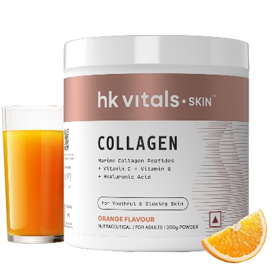 Picture of HealthKart HKVitals Skin Radiance Collagen Powder (Orange, 200g) | Marine Collagen | Collagen Supplements for Women & Men with Biotin, Vitamin C, E & Sodium Hyaluronate, for Healthy Skin, Hair & Nails