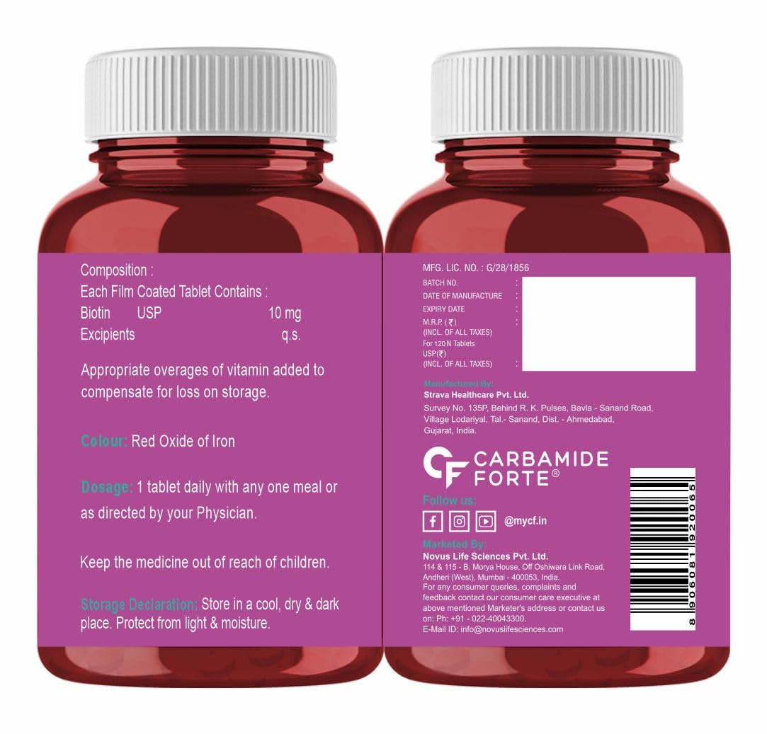 Picture of Carbamide Forte Biotin 10000mcg for Hair Growth, Skin & Nails -120 Veg Tablets