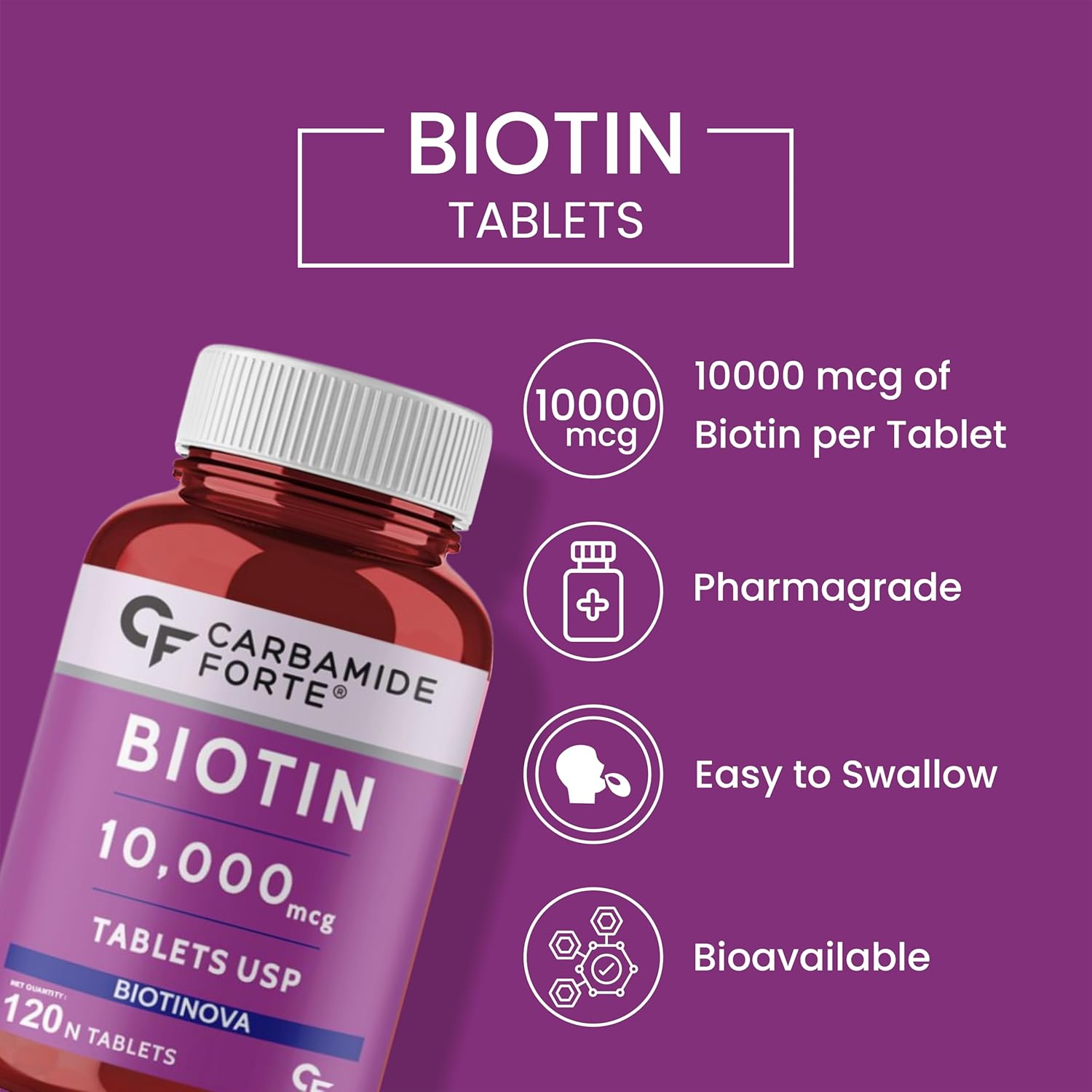 Picture of Carbamide Forte Biotin 10000mcg for Hair Growth, Skin & Nails -120 Veg Tablets