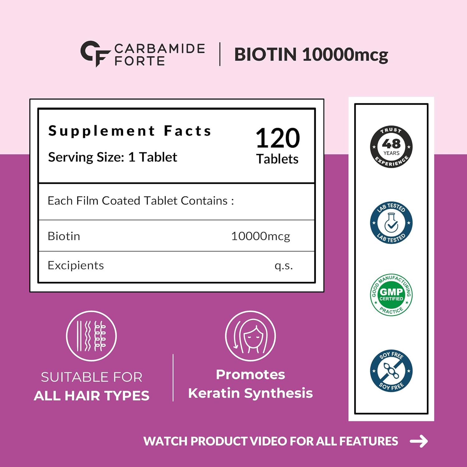 Picture of Carbamide Forte Biotin 10000mcg for Hair Growth, Skin & Nails -120 Veg Tablets