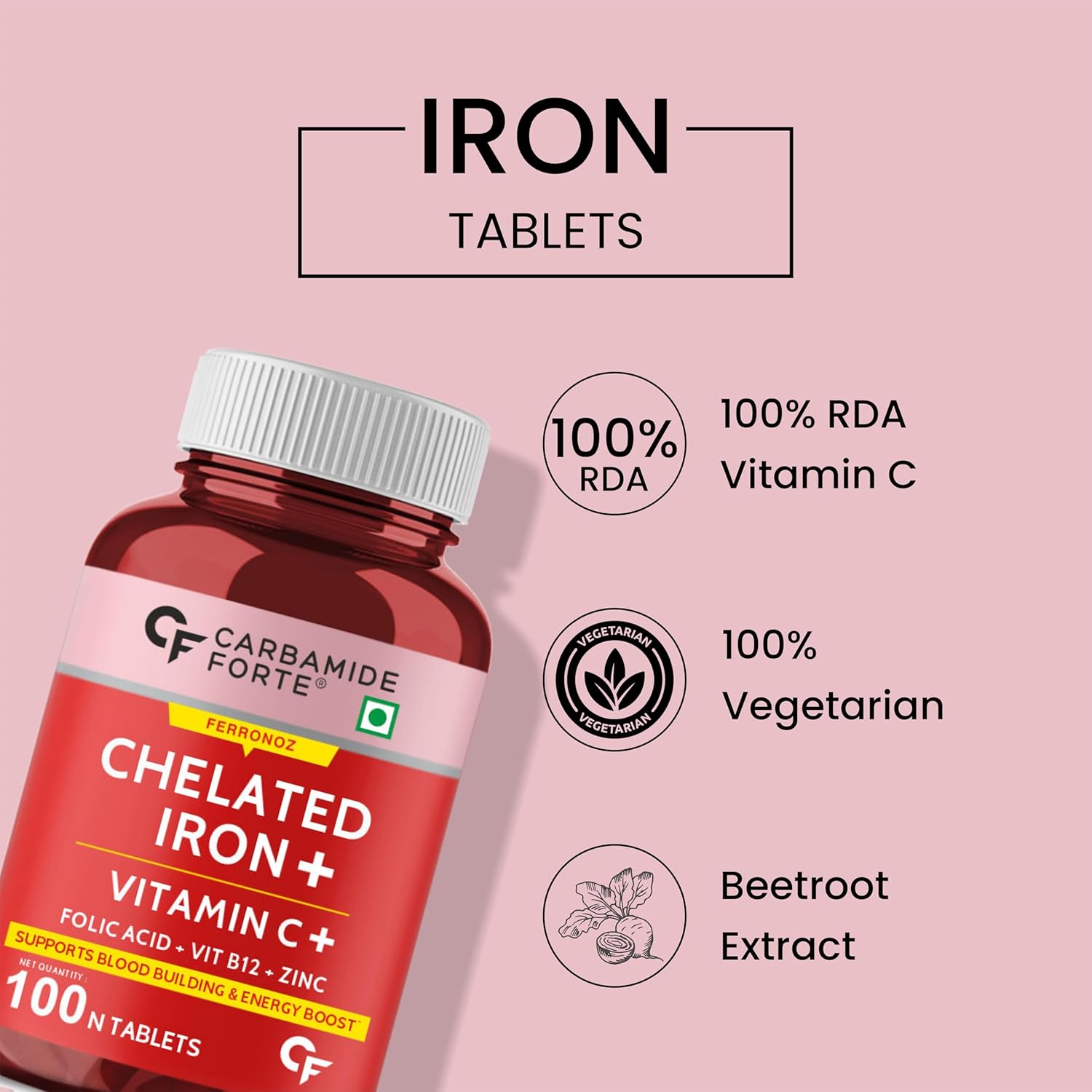 Picture of Carbamide Forte Chelated Iron + Vitamin C, B12, Folic Acid & Zinc - 100 Veg Iron Tablets
