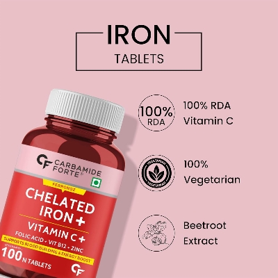 Picture of Carbamide Forte Chelated Iron + Vitamin C, B12, Folic Acid & Zinc - 100 Veg Iron Tablets