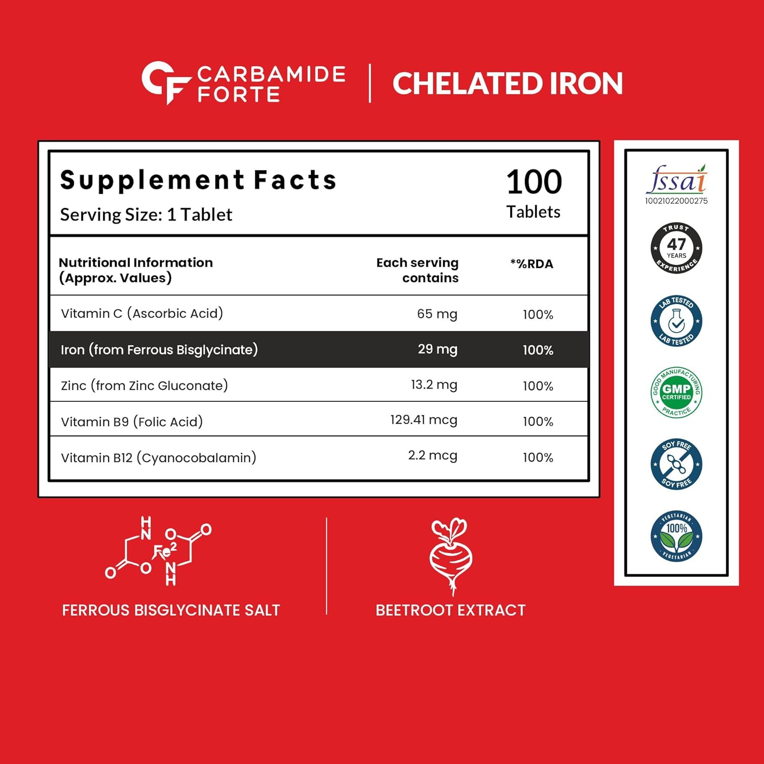 Picture of Carbamide Forte Chelated Iron + Vitamin C, B12, Folic Acid & Zinc - 100 Veg Iron Tablets
