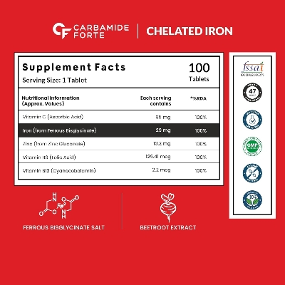 Picture of Carbamide Forte Chelated Iron + Vitamin C, B12, Folic Acid & Zinc - 100 Veg Iron Tablets