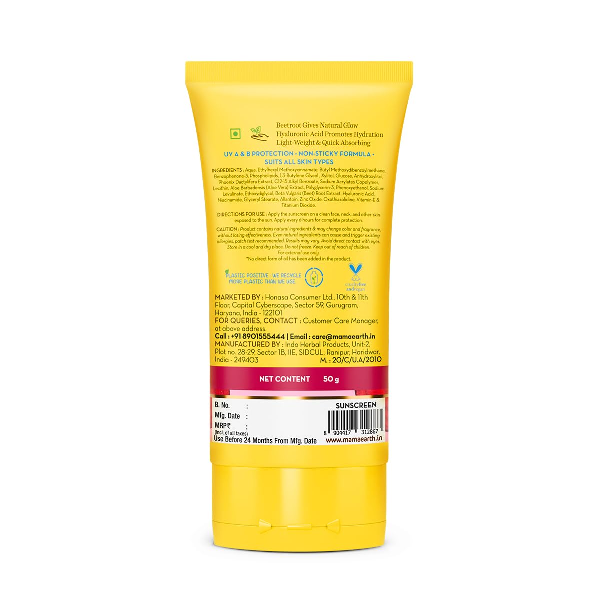 Picture of Mamaearth Beetroot Hydraful Sunscreen With Hyaluronic Acid - 50 g |SPF 50 & PA++++