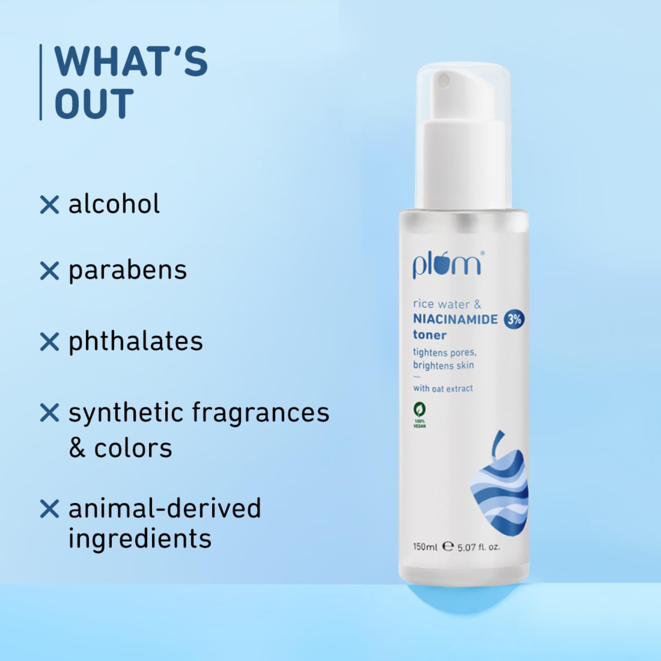 Picture of Plum 3% Niacinamide & Rice Water Face Toner | With Rice Ferment Extract | Alcohol-Free Toner | Fades Blemishes, Brightens Skin | Smoothens Skin | Fragrance-Free | 100% Vegan | 150 ml