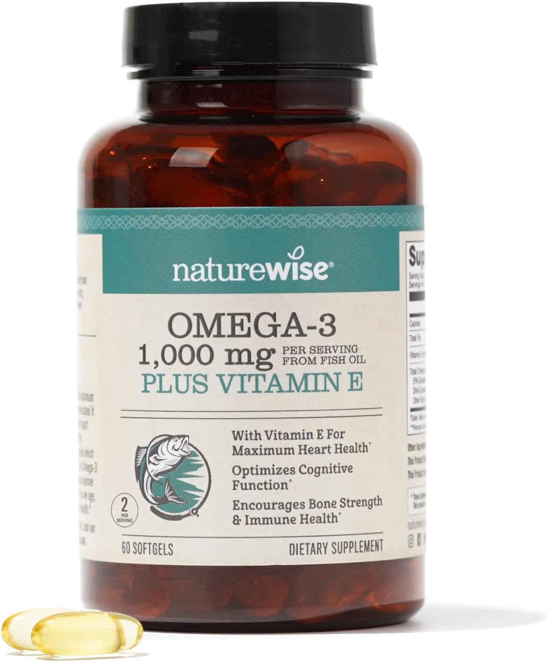 Picture of NatureWise Extra-Strength Omega 3 Fish Oil Supplement - 1000mg per Serving - 600 EPA & 400 DHA and Vitamin E - Support for Heart & Brain Health - Lemon Flavor, Non-GMO - 60 Softgels