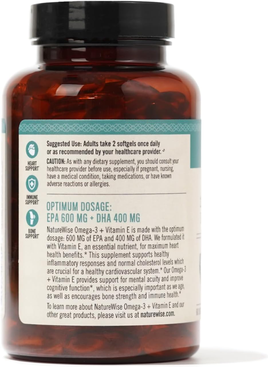 Picture of NatureWise Extra-Strength Omega 3 Fish Oil Supplement - 1000mg per Serving - 600 EPA & 400 DHA and Vitamin E - Support for Heart & Brain Health - Lemon Flavor, Non-GMO - 60 Softgels