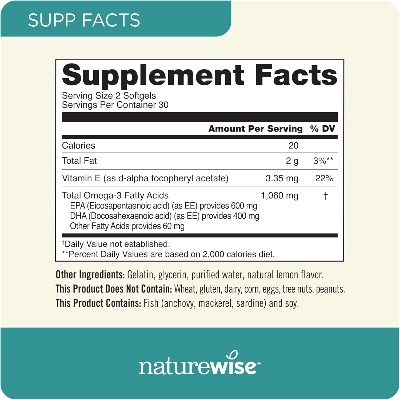 Picture of NatureWise Extra-Strength Omega 3 Fish Oil Supplement - 1000mg per Serving - 600 EPA & 400 DHA and Vitamin E - Support for Heart & Brain Health - Lemon Flavor, Non-GMO - 60 Softgels