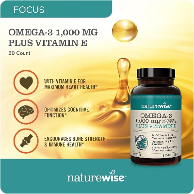 Picture of NatureWise Extra-Strength Omega 3 Fish Oil Supplement - 1000mg per Serving - 600 EPA & 400 DHA and Vitamin E - Support for Heart & Brain Health - Lemon Flavor, Non-GMO - 60 Softgels