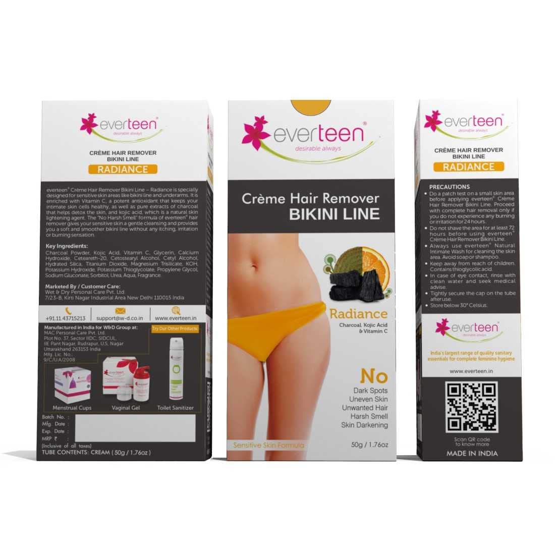 Picture of everteen RADIANCE Bikini Line Hair Remover Creme with Charcoal, Kojic Acid and Vitamin C - 50 g