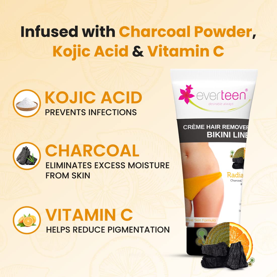 Picture of everteen RADIANCE Bikini Line Hair Remover Creme with Charcoal, Kojic Acid and Vitamin C - 50 g