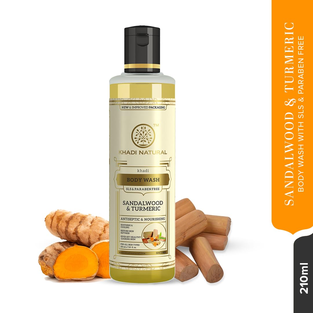 Picture of Khadi Natural Sandal & Turmeric Herbal Body Wash | Herbal Body Wash for Healthy & Clear Skin | Body Wash for Reducing Tanning | Paraben & SLS Free | Suitable for All Skin Types 210ml