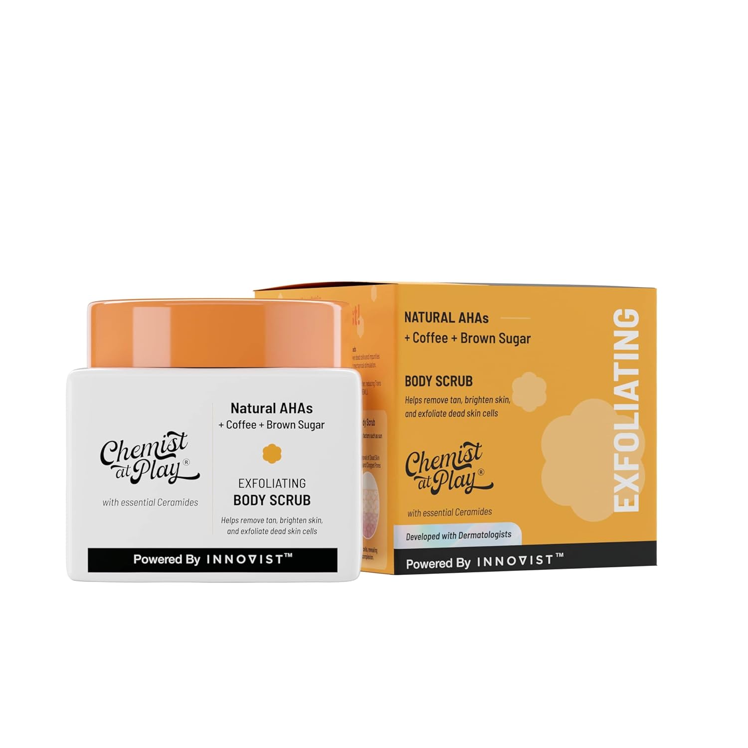 Picture of Chemist at Play Exfoliating Body Scrub For Removing Tan & Dead Skin Cells | Rough & Bumpy Skin, Tanned & Pigmented Skin | For Smooth, Soft & Bright Skin | Natural AHAs | Coffee | For Men & Women | 75g